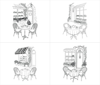 four elegant hand drawn european cafe storefront sketches featuring outdoor bistro seating and pastry window displays design vector illustration artwork