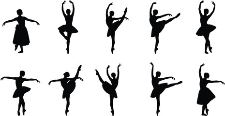 Collection of ballet dancer silhouettes isolated on white background, elegant ballerina performing classical dance poses and pirouettes, black vector illustration set for performance art design © parves's world