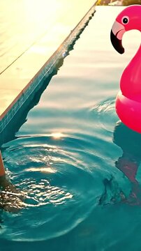 Woman Dangling Feet in Swimming Pool with Pink Flamingo Float at Sunset