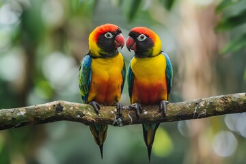 Obraz premium Pair of vibrant Fischer's lovebirds perched together on a tree branch with soft bokeh background.