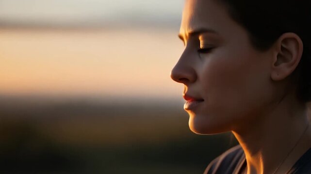 Mindful Woman Meditating at Sunset Peaceful Golden Hour Serenity.