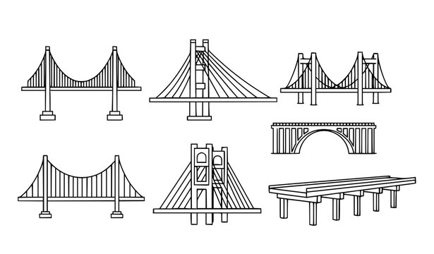 Geometric bridge line icon set with minimal infrastructure symbols isolated on white background