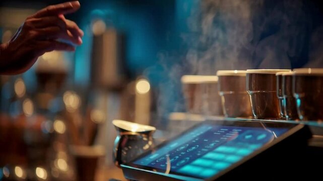 Barista using digital menu on touchscreen to order coffee efficiently