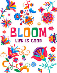 Obraz premium Blue Red Illustrative Mexican Flowers Quote T-Shirt - 1