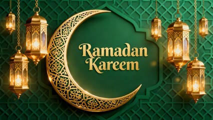 Elegant Ramadan Kareem greeting card with golden crescent moon lanterns