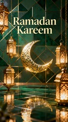 Elegant Ramadan Kareem greeting card with golden crescent moon lanterns