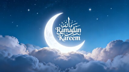 Ramadan Kareem greeting with crescent moon and clouds