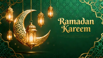 Elegant Ramadan Kareem greeting card with golden crescent moon lanterns