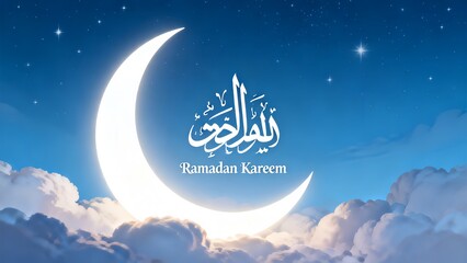 Ramadan Kareem greeting with crescent moon and clouds