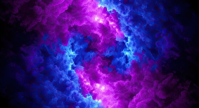 Abstract nebula cloud with glowing blue and purple light, cosmic smoke texture on a deep black background