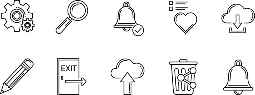 User Interface and System Line Icons Set Featuring Settings Search Notification Cloud and Exit Symbols Vector Collection