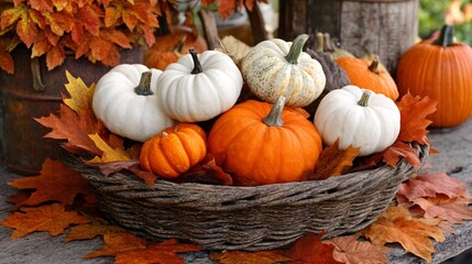 autumn themed illustration of a basket filled with white and orange pumpkins and layered fall leaves, rustic harvest style, cozy seasonal decoration visual autumn, pumpkin, basket, harvest, 