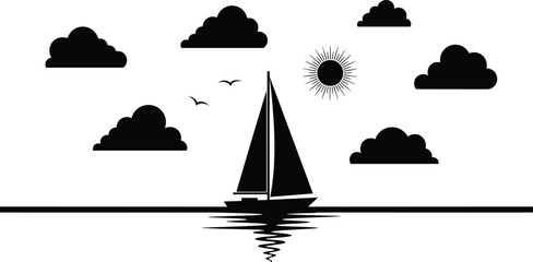 Black silhouette of a sailboat on the water under a sunny sky with clouds and seagulls in flat design © Sabbir's World