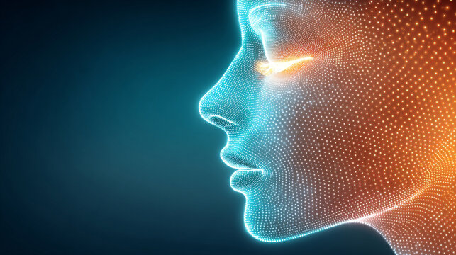 Futuristic side profile of a woman&rsquo;s face with a glowing cyan outline and an orange data-point mesh. Concept for biometrics, AI, and digital identity.