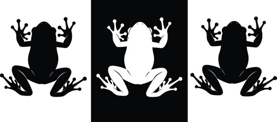 Obraz premium Collection of black and white frog silhouettes viewed from above featuring long legs and detailed toes isolated on white background