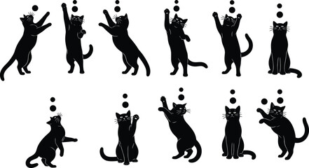 Collection of eleven black cat silhouettes playing jumping and reaching for balls in various active poses isolated on white