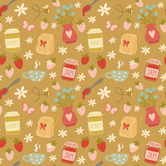 Cottagecore seamless pattern with bees and strawberries