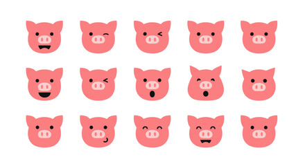 Obraz premium Collection of cute pink pig face icons, featuring various expressive emotions from happy to surprised, perfect for children's designs, whimsical graphics, and playful digital content