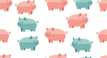 Fototapeta premium A delightful seamless pattern featuring cute cartoon pigs in vibrant pink and teal colors, perfect for children's designs, backgrounds, and textile applications