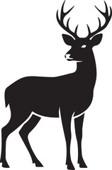 Obraz premium Black silhouette of a majestic stag deer with large antlers standing on a transparent background, forest wildlife animal vector icon.
