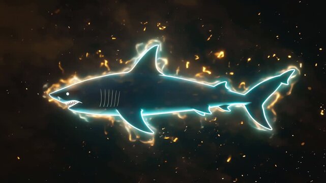 Glowing neon outline of a shark in the dark ocean, surrounded by sparks and debris, viewed from the side.