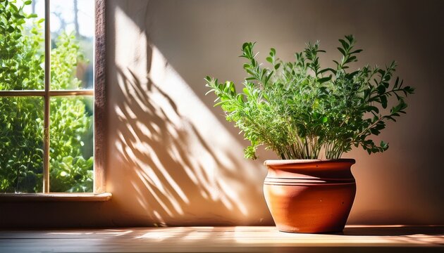 rustic terracotta pot with greenery sunlit room