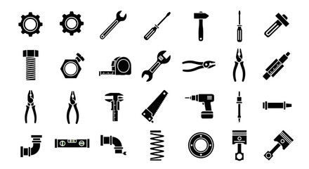 Mechanical Tools Vector Icon Set, Engineering Equipment