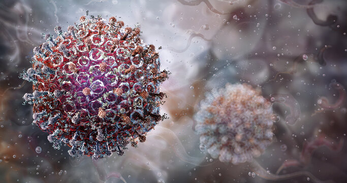 Oropouche virus (OROV) virion with glycoprotein spikes and segmented RNA genome structure. Arbovirus transmitted by Culicoides paraensis midges. Epidemiology, infectious disease, public health. 3D