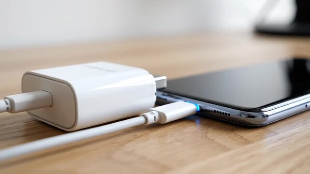 White smartphone charger plugged into phone on wooden desk