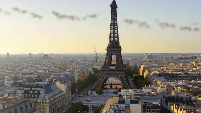 Aerial view of the eiffel tower and paris cityscape at golden hour featuring urban architecture and landmarks