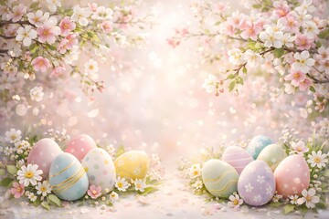 Fototapeta premium A beautiful Easter scene with colorful eggs and flowers in bloom