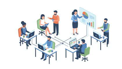 Fototapeta premium Teamwork and Collaboration Isometric Flat Vector Illustration on White Background. Clean isometric flat vector illustration of a business team working together, representing teamwork and collaboration