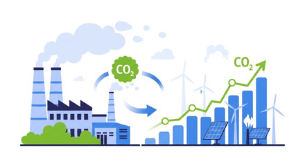 Fototapeta premium Industrial CO2 Reduction Strategy Illustration with Clean Technology, ESG Performance and Renewable Power Development