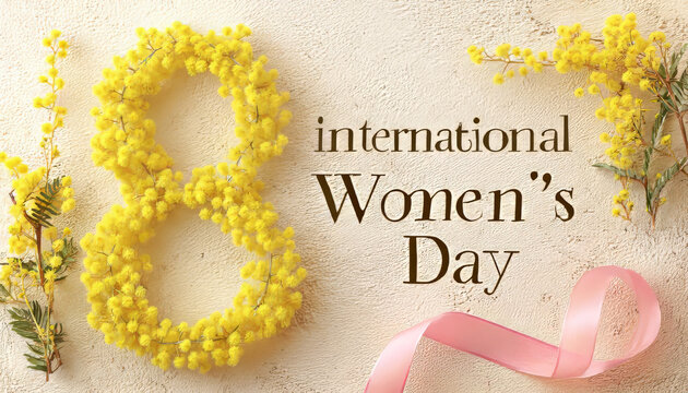 International Womens Day March 8 with yellow mimosa flowers and pink ribbon on beige background