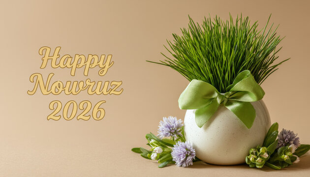 Happy Nowruz 2026 greeting with sabzeh wheatgrass in white vase and purple flowers on beige background