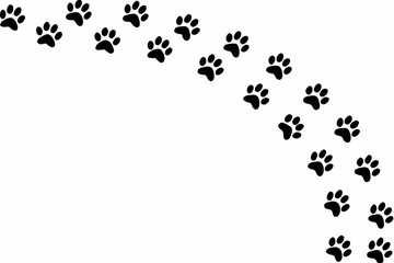 A series of black paw prints trailing diagonally across a white background