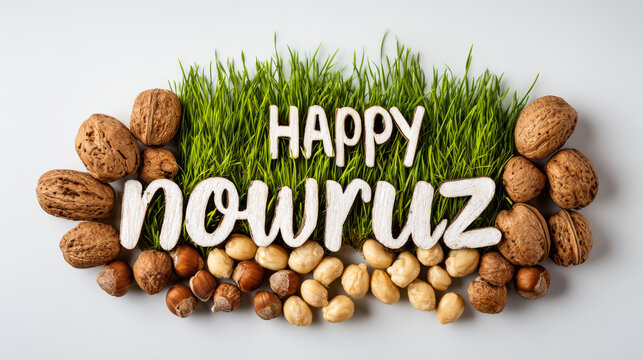 Happy Nowruz text with assorted nuts walnuts hazelnuts and green wheatgrass on white background