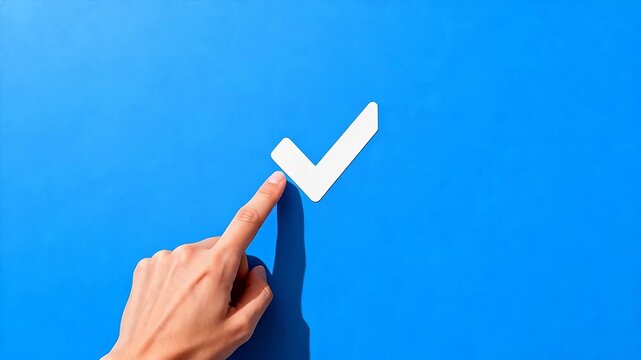 Hand pointing at white checkmark