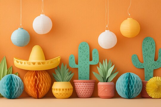 Colorful paper craft cacti in pots with festive garland banner on vibrant orange background