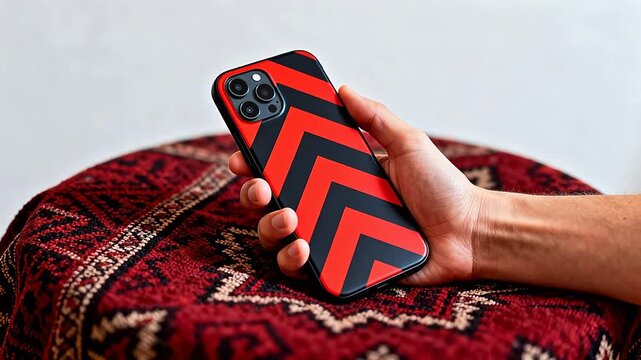 Hand holding phone with red and black case