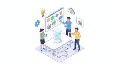 Teamwork and Collaboration Isometric Flat Vector Illustration on White Background. Clean isometric flat vector illustration of a business team working together, representing teamwork and collaboration