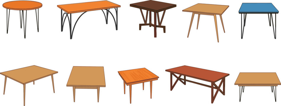 Modern wooden table vector set featuring various mid century furniture designs including round rectangular and square desks with hairpin and trestle legs for interior home decor illustrations