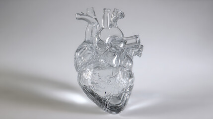 Detailed glass anatomical heart sculpture, translucent and intricate design.