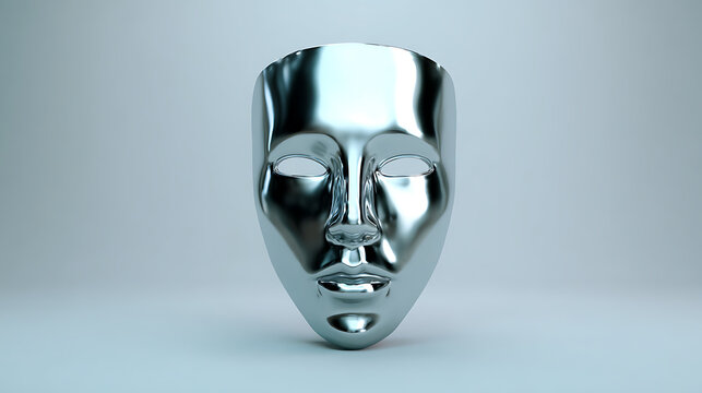 Realistic silver face mask on a blurred grey background.