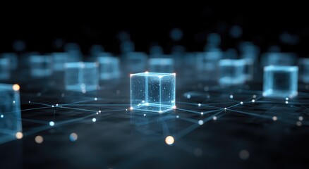 Abstract cloud computing data network with glowing digital cube and connected nodes, idea for blockchain technology, AI infrastructure, cybersecurity systems, and decentralized data storage