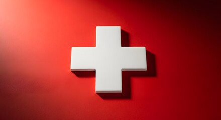 Obraz premium 3D white medical cross plus sign on vibrant red gradient background healthcare
