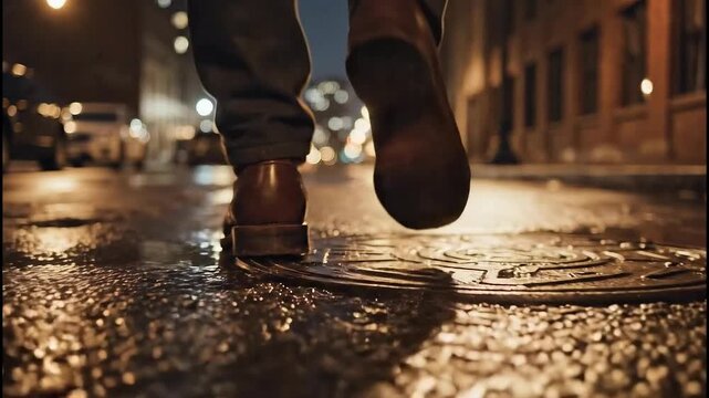 Walking on Wet City Street at Night Low Angle Shot