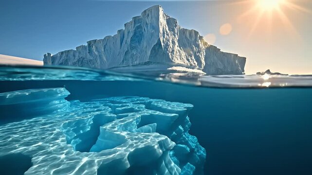 Iceberg and Sunlit Arctic Ocean Panorama.