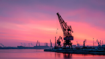 Obraz premium Harbor Crane Silhouette at Sunrise