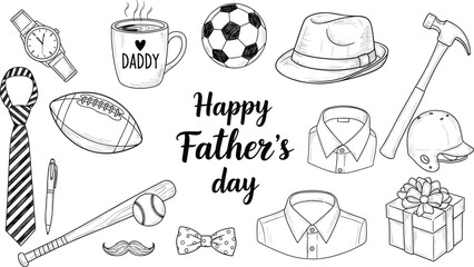 Happy Father's Day hand drawn vector set with classic dad gift icons including necktie coffee mug wristwatch tools sports gear and stylish hat for greeting card designs © Maslima